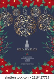 Hand drawn Christmas invitation card of poinsettia, leaves, branches, berries, holly, Christmas tree and Christmas ball decoration. Winter floral cozy collection. Illustration on a blue background