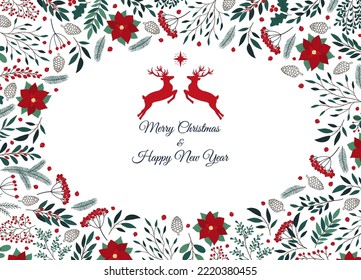Hand drawn Christmas invitation card of poinsettia, leaves, branches, berries, holly, Christmas tree. Winter floral cozy collection. Lettering Happy New Year. Vector illustration on white background