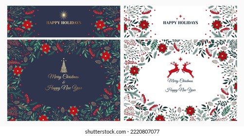 Hand drawn Christmas invitation card of poinsettia, leaves, branches, berries, holly, reindeer, stars, Christmas tree, reindeer. Winter floral cozy collection. Happy New Year vector illustration