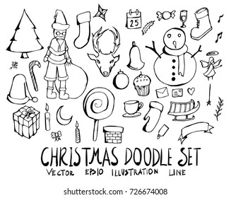 Hand drawn christmas isolated. Vector sketch black and white background illustration icon doodle