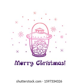 Hand drawn Christmas lantern and snowflakes with handwritten text isolated on white background. Inscription - Merry Christmas