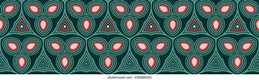 Hand drawn christmas leaf geometric border pattern. Seamless vector background. Festive red green white scrapbooking banner, gift ribbon trim, seasonal party decor. For Xmas textile edge, stationery. 