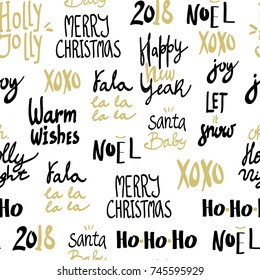 Hand drawn christmas lettering. Black and golden letters. Graphic vector seamless pattern