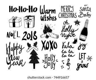 Hand drawn christmas lettering and doodle elements. Graphic vector set. Everything is isolated