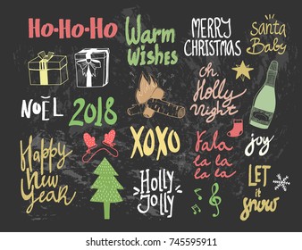 Hand drawn christmas lettering and doodle elements. Graphic vector set. Everything is isolated. Chalkboard background. Colored elements