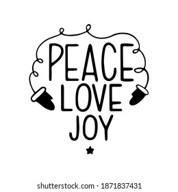 Hand drawn Christmas Lettering. Hand drawn lettering PEACE, LOVE, JOY. Vector illustration, isolated on white