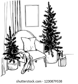 Hand drawn  Christmas living room. Vector sketch  illustration.