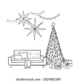 Hand drawn  Christmas living room. Vector sketch  illustration.
