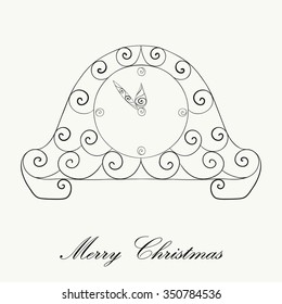 Hand drawn Christmas mantel clock for adult anti stress Coloring Page. Isolated on white background. Vector monochrome sketch. Eps 8.