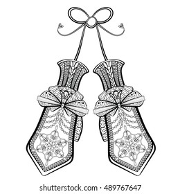 Hand Drawn Christmas Mittens With Bow And Pattern Of Snowflake. Vector Illustration In Zentangle Style. Sketch For Adult Anti Stress Coloring Pages, Tattoo, New Year Posters And Greeting Cards