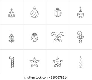 Hand drawn Christmas and New Year decorations .Template for Greeting Scrapbooking, Congratulations, Invitations.Christmas bell,stars,  ball, candle, Christmas tree decorations, christmas cand