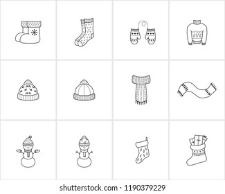 Hand drawn Christmas and New Year decorations and characters.Template for Greeting Scrapbooking, Invitations. Winter hats, scarf,socks, gloves,christmas sweater,snowman, christmas socks with presents