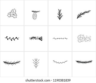 Hand drawn Christmas and New Year decorations and natural elements.Template for Greeting Scrapbooking, Congratulations, Invitations. Holly, pine branches, Christmas tree branches, foliage, leaves