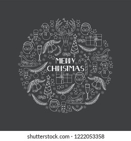 Hand drawn Christmas and New year arranged in a circle. Vector drawing of winter holidays symbols: Santa, gift, Christmas tree, bells, sock for gifts, Santa's sleigh, garland, snowman, deer, snowflake
