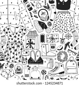 Hand drawn Christmas and New Year illustration. Creative ink art work. Actual cozy vector seamless pattern. Winter set of Holidays things, accessories, decoration, food, drinks