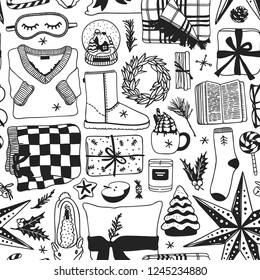 Hand drawn Christmas and New Year illustration. Creative ink art work. Actual cozy vector seamless pattern. Winter set of Holidays things, accessories, decoration, food, drinks