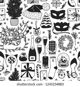 Hand drawn Christmas and New Year illustration. Creative ink art work. Actual cozy vector seamless pattern. Winter set of Holidays things, accessories, decoration, food, drinks