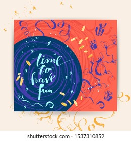 Hand drawn Christmas and new year card with Christmas lights, calligraphy, golden foil texture, snowflakes in bright blue, yellow and red colors. Time to have fun.