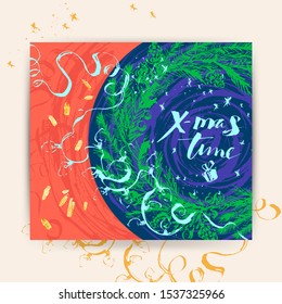 Hand drawn Christmas and new year card with Christmas tree wreath, calligraphy, snowflakes, lights in bright blue, yellow, red, green colors. For festive design, background and invitations.