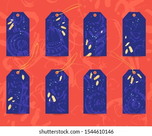 Hand drawn Christmas and new year gift tag set with Christmas ornaments, golden foil texture, snowflakes in bright blue colors. For festive design background.