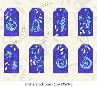 Hand drawn Christmas and new year gift tag set with Christmas ornaments, lights, presents, golden foil texture, snowflakes in bright blue colors.