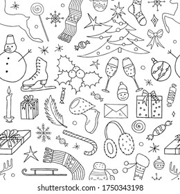 Hand drawn christmas and new year elements collection seamless pattern. Vector illustration.