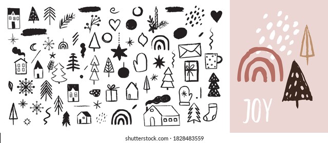 Hand drawn Christmas and New Year doodles, sketches and icons. Vector illustrations