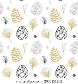 Hand drawn Christmas and New Year pattern with golden cones and needles. Vector illustration in sketch style