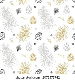 Hand drawn Christmas and New Year pattern with golden cones and pine branches. Vector illustration in sketch style
