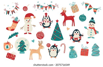 Hand drawn Christmas and New Year set seasonal elements and cute animal