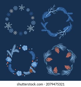 Hand drawn Christmas, New year, winter set of wreath. 