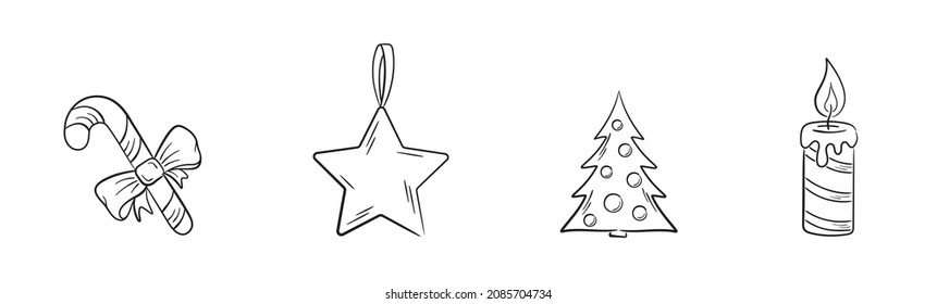 hand drawn christmas and new year symbol set. sketchy candy cane, star, christmas tree and candle. vector elements for festive greeting cards