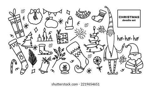 Hand drawn Christmas and New Year doodles, sketches and icons. Vector illustrations
