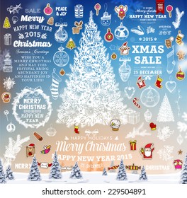 Hand Drawn Christmas And New Year Decoration Set Of Calligraphic And Typographic Designs, Labels and Elements. Symbols And Icons Collection for Holiday Greeting Cards, Banners, Posters and Placards.