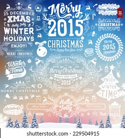 Hand Drawn Christmas And New Year Decoration Set Of Calligraphic And Typographic Designs, Labels and Elements. Symbols And Icons Collection for Holiday Greeting Cards, Banners, Posters and Placards.