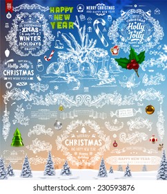 Hand Drawn Christmas And New Year Decoration Set Of Calligraphic And Typographic Designs, Labels and Elements. Symbols And Icons Collection for Holiday Greeting Cards, Banners, Posters and Placards