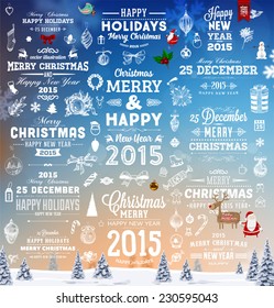 Hand Drawn Christmas And New Year Decoration Set Of Calligraphic And Typographic Designs, Labels and Elements. Symbols And Icons Collection for Holiday Greeting Cards, Banners, Posters and Placards