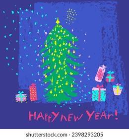 Hand drawn Christmas and new year background, naive style on grungy texture. Colorful Christmas tree with ornaments, snowflakes, present box. For festive design, cards and invitations.
