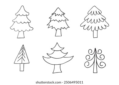 Hand drawn Christmas and New Year trees. Doodle style trees. Vector.