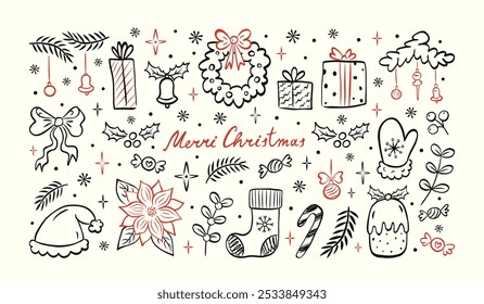 Hand drawn Christmas and New Year doodle icons set. Vintage ink drawings sketch style. Christmas tree, gift boxes, stars, winter holiday pattern, stocking, Christmas toys, snowflakes, bows, holly. 