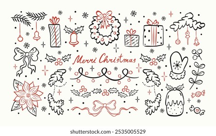 Hand drawn Christmas and New Year doodle icons set. Vintage ink drawings sketch style. Christmas tree, gift boxes, stars, winter holiday pattern, stocking, Christmas toys, snowflakes, bows and ribbon.