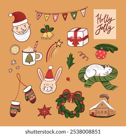 Hand drawn Christmas and New Year doodles set. Vector illustration.