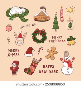 Hand drawn Christmas and New Year doodles set. Vector illustration.