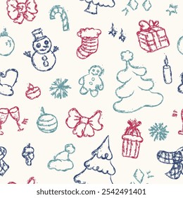 Hand drawn Christmas, New Year seamless pattern with winter holiday doodles - Xmas trees, snowmen, bows, stockings, presents, candy cane, snowflakes, candles and festive decorations on beige backdrop