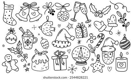 Desenhado à mão Natal e Ano Novo conjunto de ícones doodle. Árvore de Natal, caixas de presente, estrelas, padrão de férias de inverno, estoque, brinquedos de Natal, flocos de neve, arcos e fita. Vintage tinta desenhos esboço