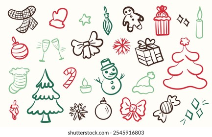 Hand drawn Christmas, New Year elements in red, green and brown on white background - Xmas trees, snowmen, bows, stockings, presents, candy cane, ornaments, snowflakes, candles and festive decorations