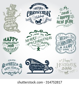 Hand Drawn Christmas And New Year Decoration Set Of Calligraphic And Typographic Design With Labels, Symbols And Icons Elements