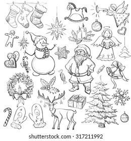 Hand drawn Christmas and New year elements with  Christmas mittens, candy cane, holly berries, smiling snowman, stocking with xmas tree, Deer,  Santa, angel, candle, christmas toys, gifts and bells.