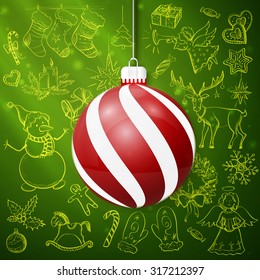 Hand drawn Christmas and New year elements with bauble. Christmas mittens, candy cane, holly berries, smiling snowman, stocking with xmas tree, Deer,  Santa, candle, christmas toys, gifts and bells.