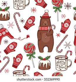 Hand drawn Christmas and New Year seamless pattern. Funny winter bear in knitted hat and scarf, peppermint lollipops, mug with hot chocolate, traditional Christmas pudding, knitted hat and mittens